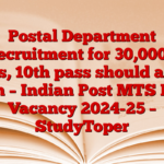 Postal Department Recruitment for 30,000+ posts, 10th pass should apply soon – Indian Post MTS New Vacancy 2024-25 – StudyToper